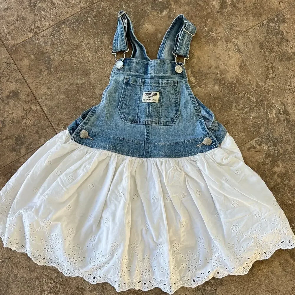 OshKosh B'gosh Denim Bib White Eyelet Dress, Girls 4T